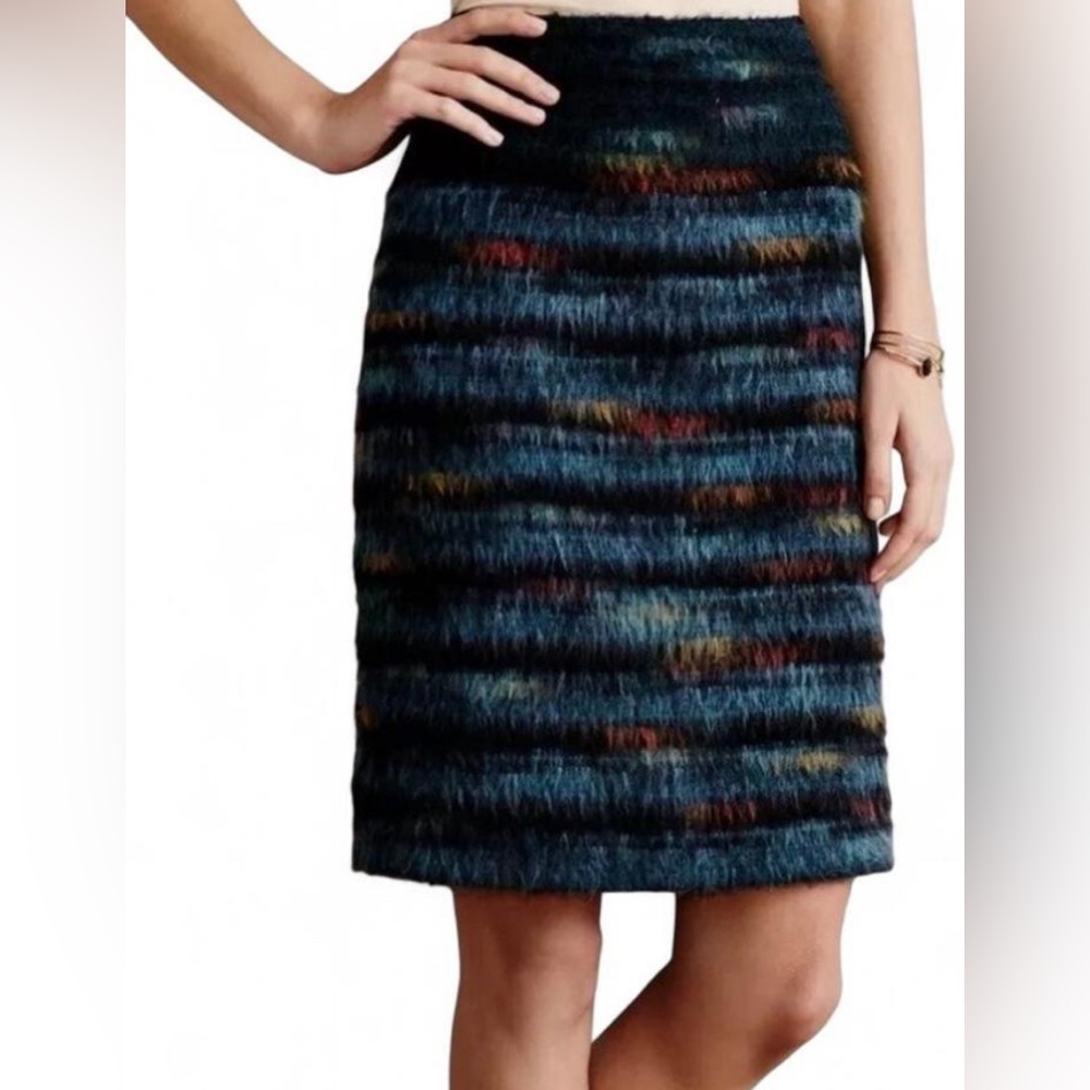 Anthropologie Maeve Feathered Wool Pencil Skirt | Blue Multi Striped | Size 6
